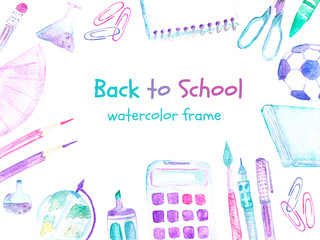 Back to school watercolor frame with colorful school supplies