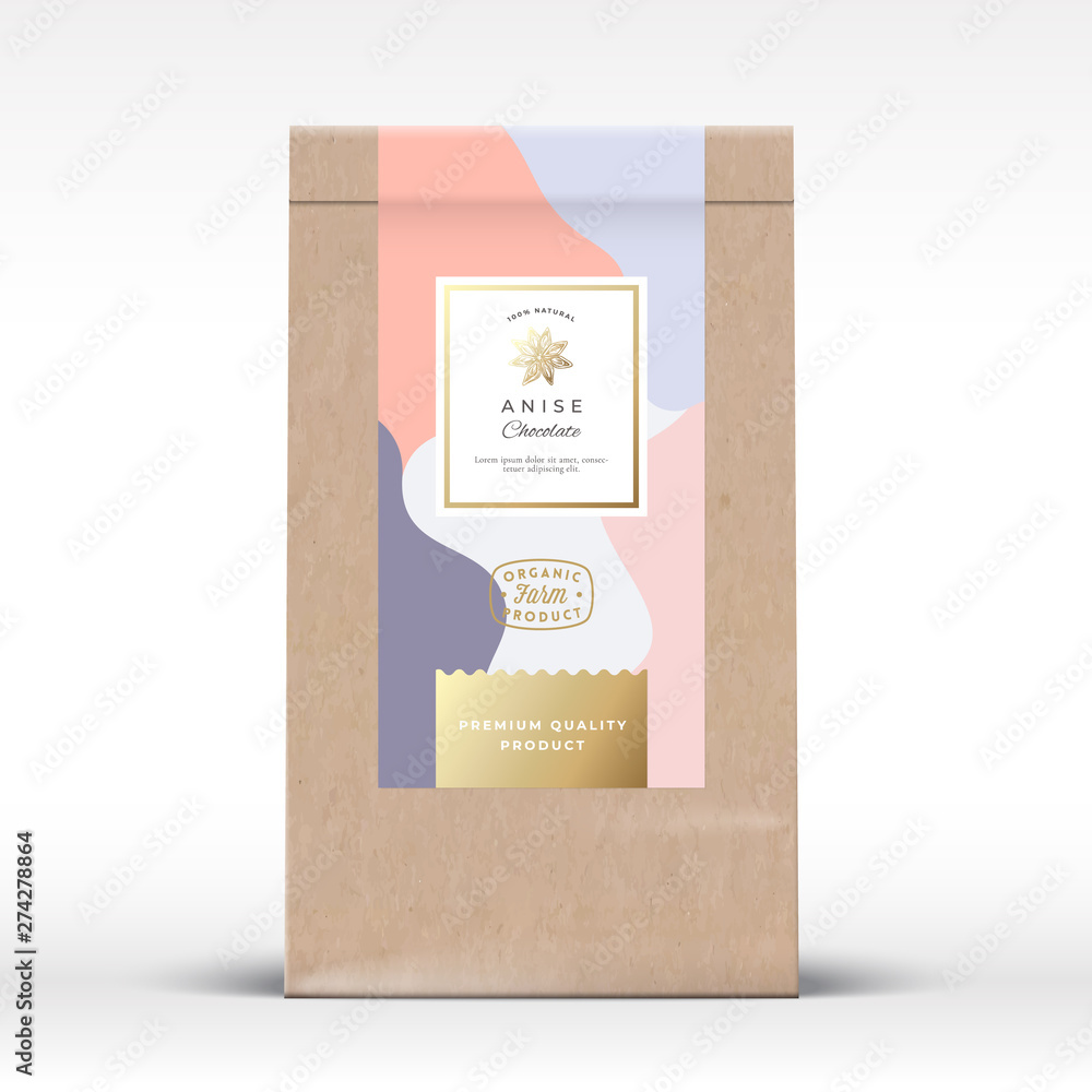 Sticker craft paper bag with anise chocolate label. abstract vector packaging design layout with realistic s