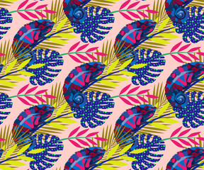 Obraz premium Tropical wildlife, chameleon seamless pattern. Hand Drawn jungle nature, flowers illustration. Print for textile, cloth, wallpaper, scrapbookingAbstract_071