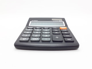Obraz premium Black Commercial Calculator with Solar Battery Power in White Isolated Background