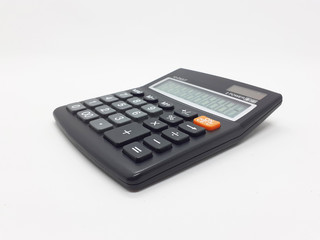 Black Commercial Calculator with Solar Battery Power in White Isolated Background
