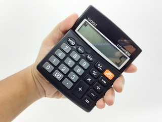 Black Commercial Calculator with Solar Battery Power in White Isolated Background
