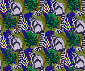 Tropical wildlife seamless pattern. Madagascar animals, flowers vector pattern