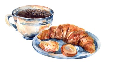 coffee and croissant watercolor hand drawing
