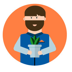 flat man with the flower in the pot. Caucasian man in blue shirt with brown eyes and hear. gardener, love caring for home and garden plants.