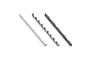Blank black and white paper straws mock up isolated, side view, 3d rendering. Clear grey disposable pipe mockup. Empty cardboard tubule for juice and fizzy water. Empty striped bio soloma for cafe.