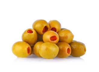 green olives stuffed with pimiento paste on white background