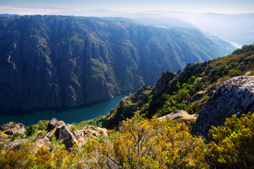   river with steep rocky banks in sunny summer day