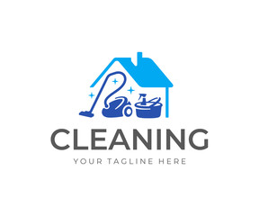 House cleaning service logo design. House with vacuum cleaner, bucket and cleaning products vector design. Spring cleaning logotype