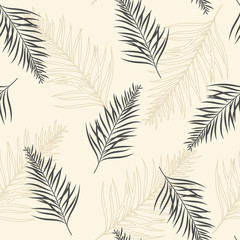 Seamless tropical leaf pattern. Exotic leaves and their outlines on a beige background. Botanical surface pattern design.