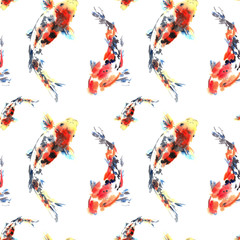 Koi fish. Watercolor design. Asian style. Seamless pattern