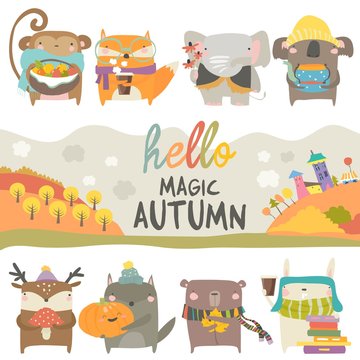 Set of cute animals with autumn theme on white background