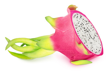 Halved dragon fruit isolated on a white background.