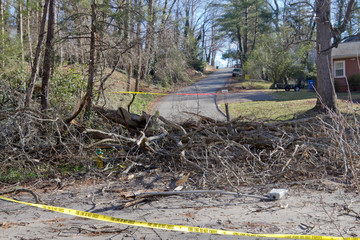 Harzard Tape Warns of Downed Tree, Streetlight and Wires Across Road