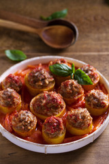 Zucchini stuffed with meat, rice and vegetables. Loaded zucchini