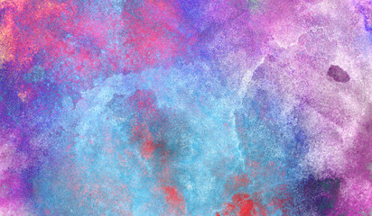 Modern fantasy colorful aquarelle paper textured ink effect grungy wet pastel illustration for design. Creative blue, purple and pink shades watercolor background for vintage card, retro template