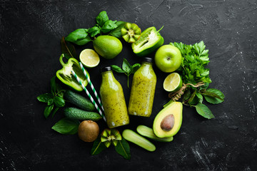 Green Smoothies of Vegetables and Fruits. Healthy food. Rustic style. Fruits. Top view. Free space for text.