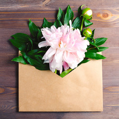 composition on a dark wooden background. open envelope from kraft paper with peonies in it. minimal concept, falt lay, square