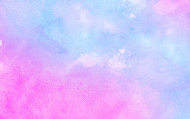 Modern fantasy colorful aquarelle paper textured ink effect grungy wet pastel illustration for design. Creative blue, purple and pink shades watercolor background for vintage card, retro template