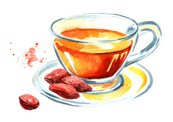 Goji berries or Lycium barbarum tea and tincture. Watercolor hand drawn illustration isolated on white background