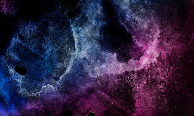 Aquarelle vivid ink textured blue, pink and purple color canvas for modern design. Smeared abstract cosmic bright vintage dark watercolour illustration. Neon watercolor on black paper background
