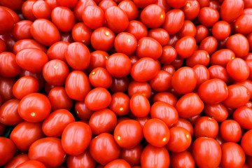 A lot of little red tomato background. Vegetables in the store or on the market.