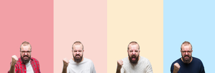 Collage of young man with beard over colorful stripes isolated background angry and mad raising fist frustrated and furious while shouting with anger. Rage and aggressive concept.