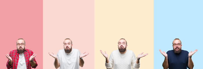 Collage of young man with beard over colorful stripes isolated background clueless and confused expression with arms and hands raised. Doubt concept.