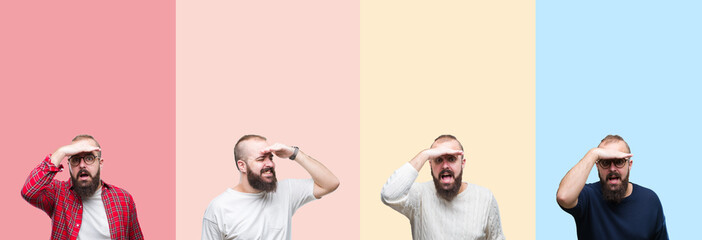 Collage of young man with beard over colorful stripes isolated background very happy and smiling looking far away with hand over head. Searching concept.