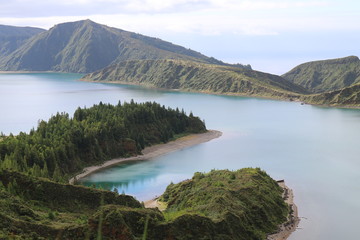 Wundervolle Aussicht auf einen schönen Wald mit Sandstrand der in einen See hineinragt