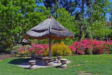 Seating with wooden chairs and parasol in flower garden garden