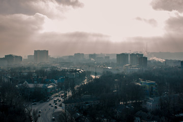 panorama of the city in the morning during the fog
