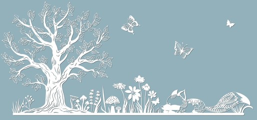 Template glade for to cut with a laser from paper. Line with mushrooms, grass, and butterflies, wood and flowers. For decoration and design. Template for laser cutting and Plotter. Vector illustration - obrazy, fototapety, plakaty