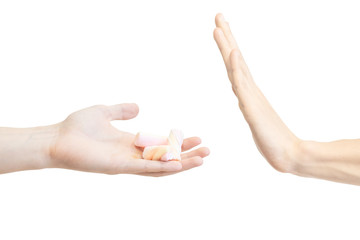Say no marshmallows. Unhealthy food. Man says no to marshmallows. Hand gesture to reject proposal...