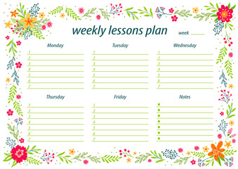 School timetable and weekly schedule vector template. Student lesson plans with cute flowers on background. Education design - Vector