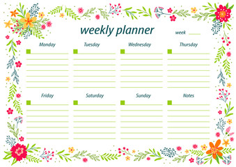 School timetable and weekly schedule vector template. Student lesson plans with cute flowers on background. Education design - Vector