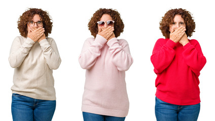 Collage of middle age senior woman wearing winter sweater over white isolated background shocked covering mouth with hands for mistake. Secret concept.