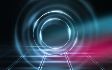 Empty background scene. Dark street reflection on wet asphalt. Rays of neon light in the dark, neon figures, smoke. Background of empty stage show. Abstract dark background.