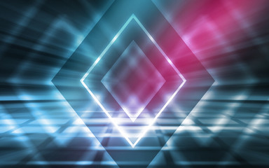 Empty background scene. Dark street reflection on wet asphalt. Rays of neon light in the dark, neon figures, smoke. Background of empty stage show. Abstract dark background.