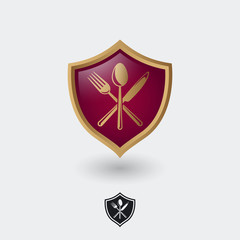Food logo. Food Point Icon. Breakfast cafe emblem. Knife, fork and spoon on a dark-red glossy heraldic shield. Monochrome option.