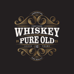 Whiskey Logo. Whiskey Pure Old Label. Premium Packaging Design. Lettering Composition and Curlicues Decorative Elements. Baroque Style.