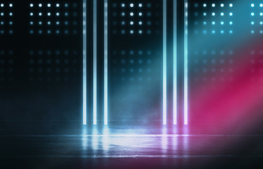Empty background scene. Dark street reflection on wet asphalt. Rays of neon light in the dark, neon figures, smoke. Background of empty stage show. Abstract dark background.