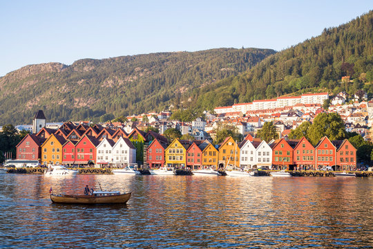 Bergen, Hordaland, Norway: Bryggen as seen from the other side of the harbor.