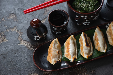 Close-up of pan fried gyoza dumplings over brown stone background, elevated view