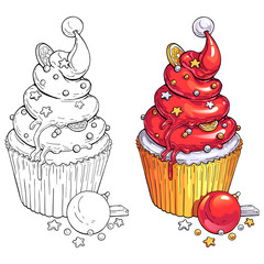 Christmas Cupcake vector illustration set. Black and white to choose any color you please and brightly colored variant