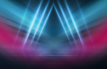 Empty background scene. Dark street reflection on wet asphalt. Rays of neon light in the dark, neon figures, smoke. Background of empty stage show. Abstract dark background.