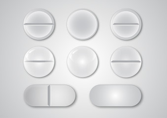 Set of various vector realistic medicinal white pills isolated on gray background.