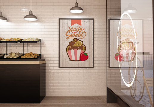Bakery Coffee Shop Interior with Poster and Window Mockup