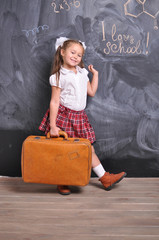 Portrait of beautiful smiling young first-grader with red suitcase on blackboard background. school and education concept