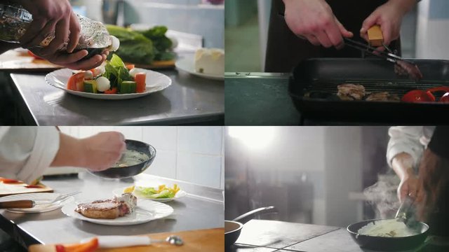 4 in 1: Chef preparing a varied meal - Steak Frying salad serving